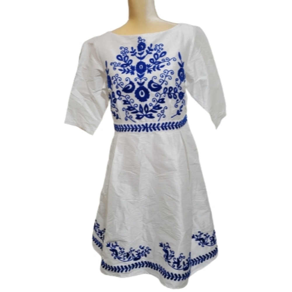 Eshakti Wayward Fancies dress embroidered florals white and blue